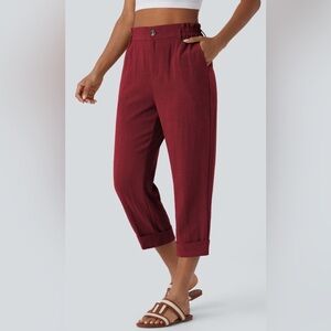 HALARA Women’s Medium Red High Waisted Zipper Pocket Capri Linen-Feel Pants